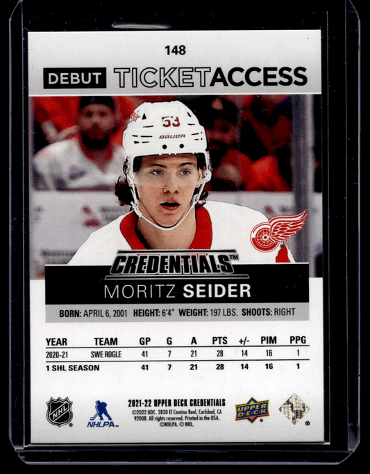 2021-22 Upper Deck Credentials - Tier 4 - Debut Ticket Access - Moritz Seider #148 /299 RC