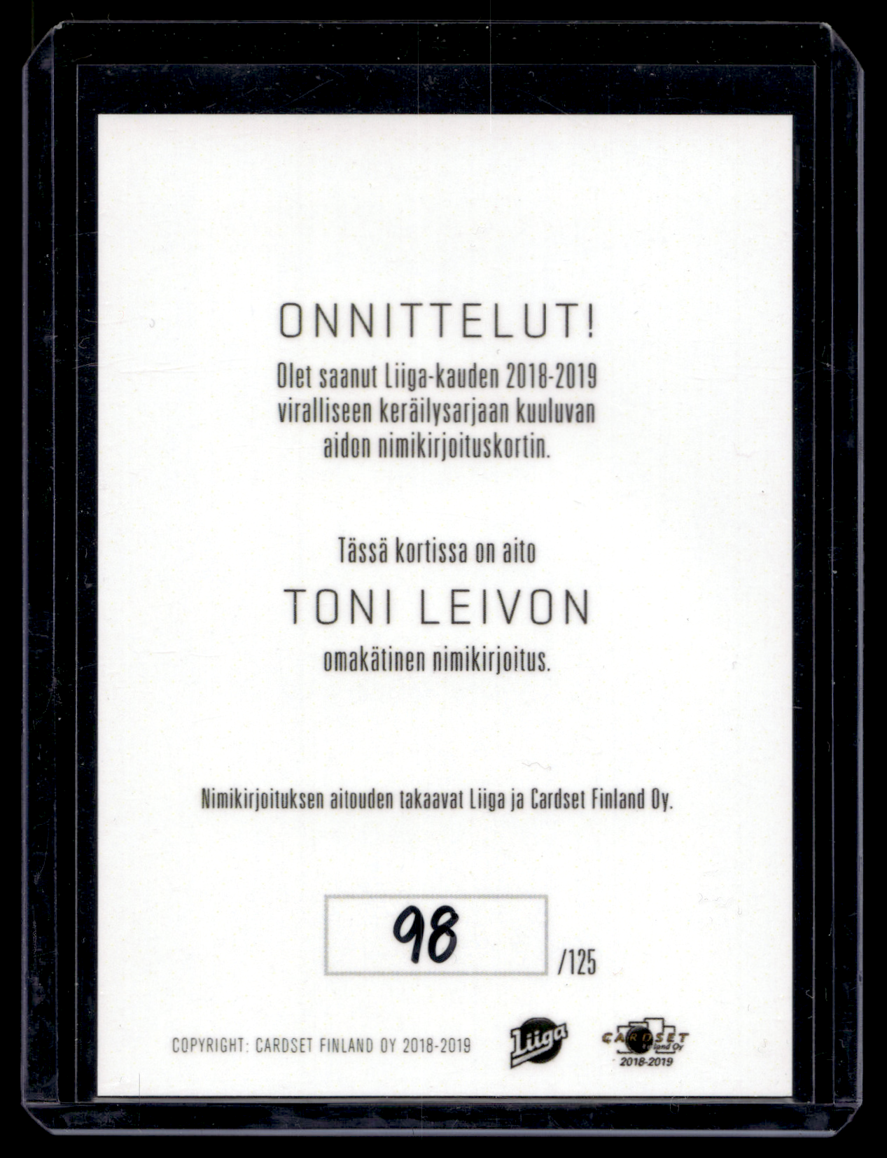 2018-19 Cardset Signature - Toni Leivo /125