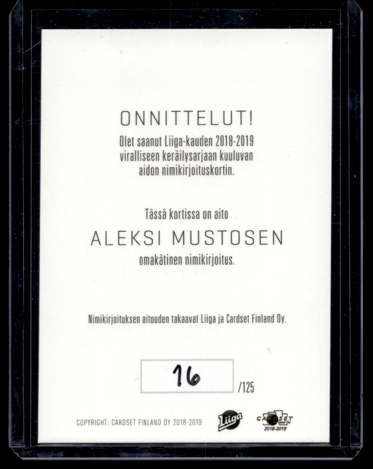 2018-19 Cardset Signature - Aleksi Mustonen /125