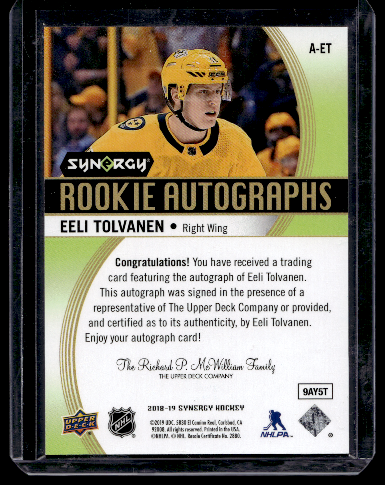 2018-19 Upper Deck Synergy - Autographs - Eeli Tolvanen #A-ET RY