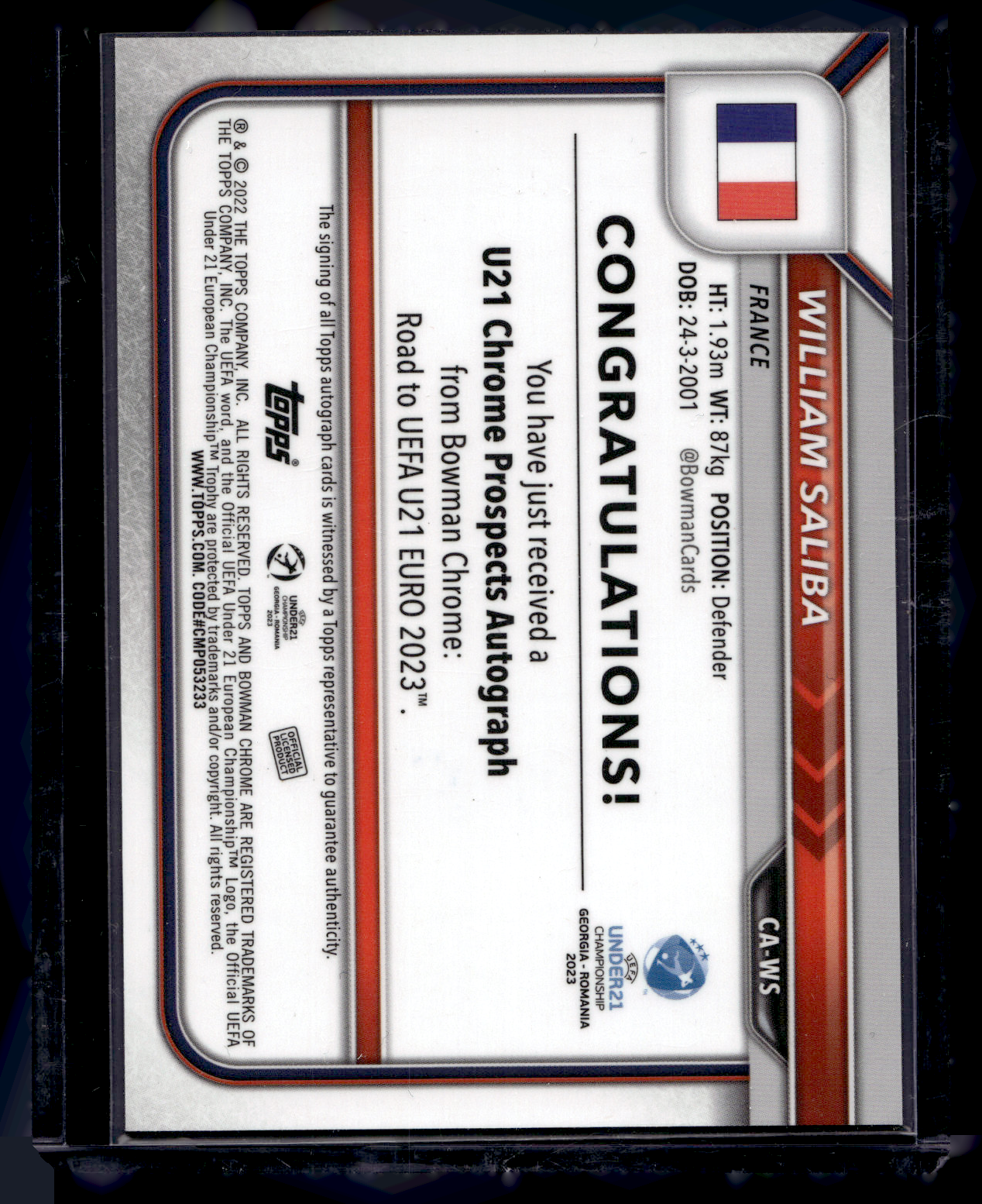 2022-23 Bowman Chrome Road to UEFA Under21 Championship - Chrome Prospect Autographs - Black & White RayWave Refractor - William Saliba #CA-WS