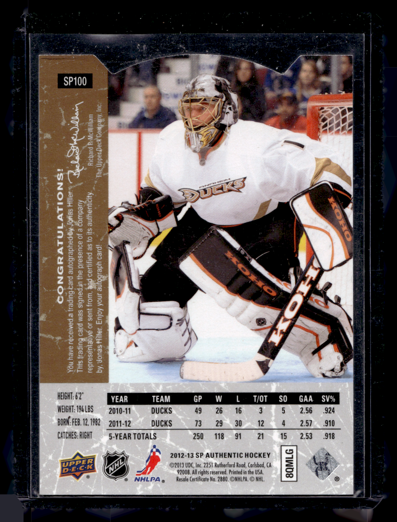 2012-13 Upper Deck SP Authentic - 94-95 SP Retro - Autographs - Jonas Hiller #SP100