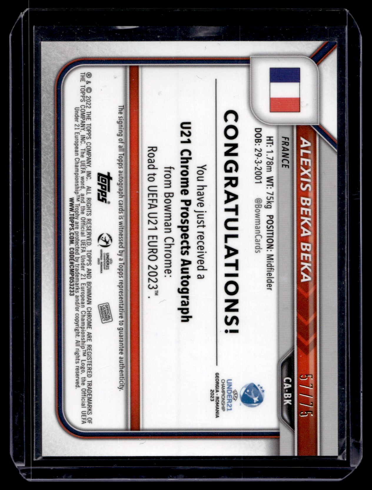 2022-23 Bowman Chrome Road to UEFA Under21 Championship - Chrome Prospect Autographs - Orange Refractor - Alexis Beka Beka #CA-BK /75 RY