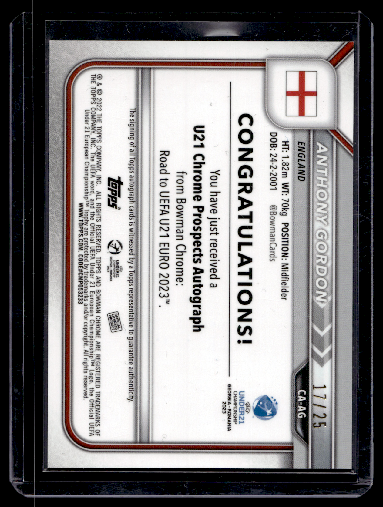 2022-23 Bowman Chrome Road to UEFA Under21 Championship - Chrome Prospect Autographs - Orange Refractor - Anthony Gordon #CA-AG /25 RY