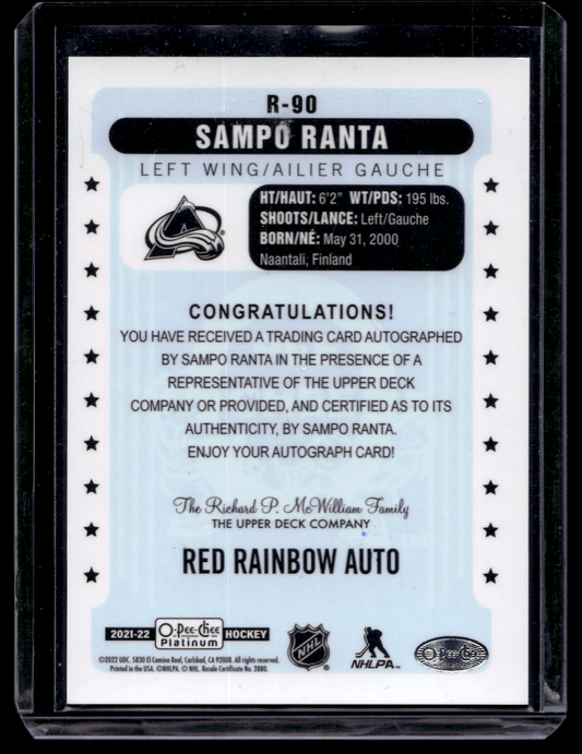 2021-22 Upper Deck OPC Platinum - Retro - Rainbow Red Autographs -  Rookies - Sampo Ranta #R-90 RY