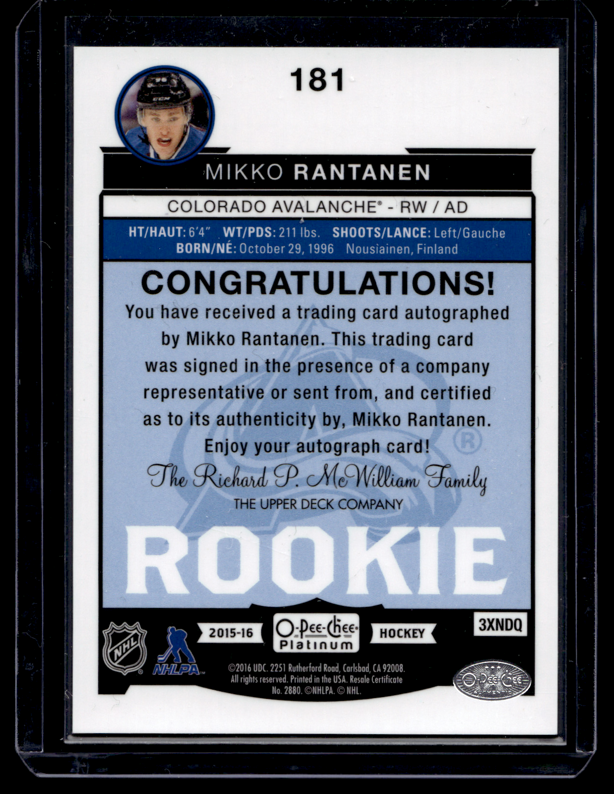 2015-16 Upper Deck OPC Platinum - Rookie Autographs - Mikko Rantanen #181 RY