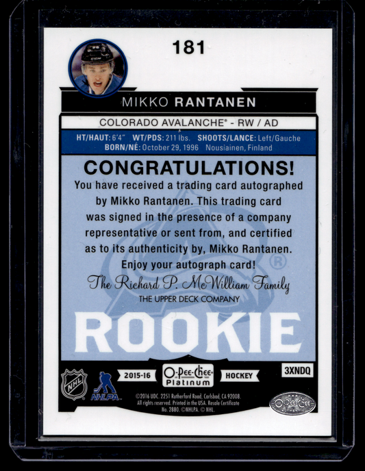 2015-16 Upper Deck OPC Platinum - Rookie Autographs - Mikko Rantanen #181 RY