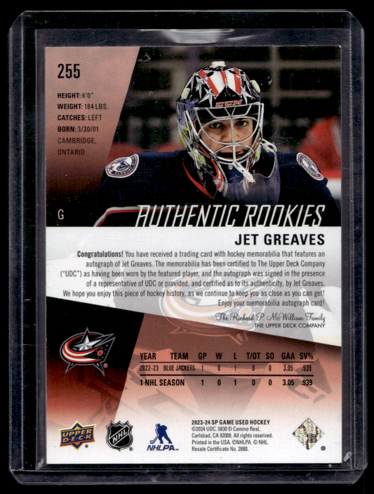 2023-24 Upper Deck SP Game Used - Jersey Autographs - Authentic Rookies - Jet Greaves #255 /149 RC