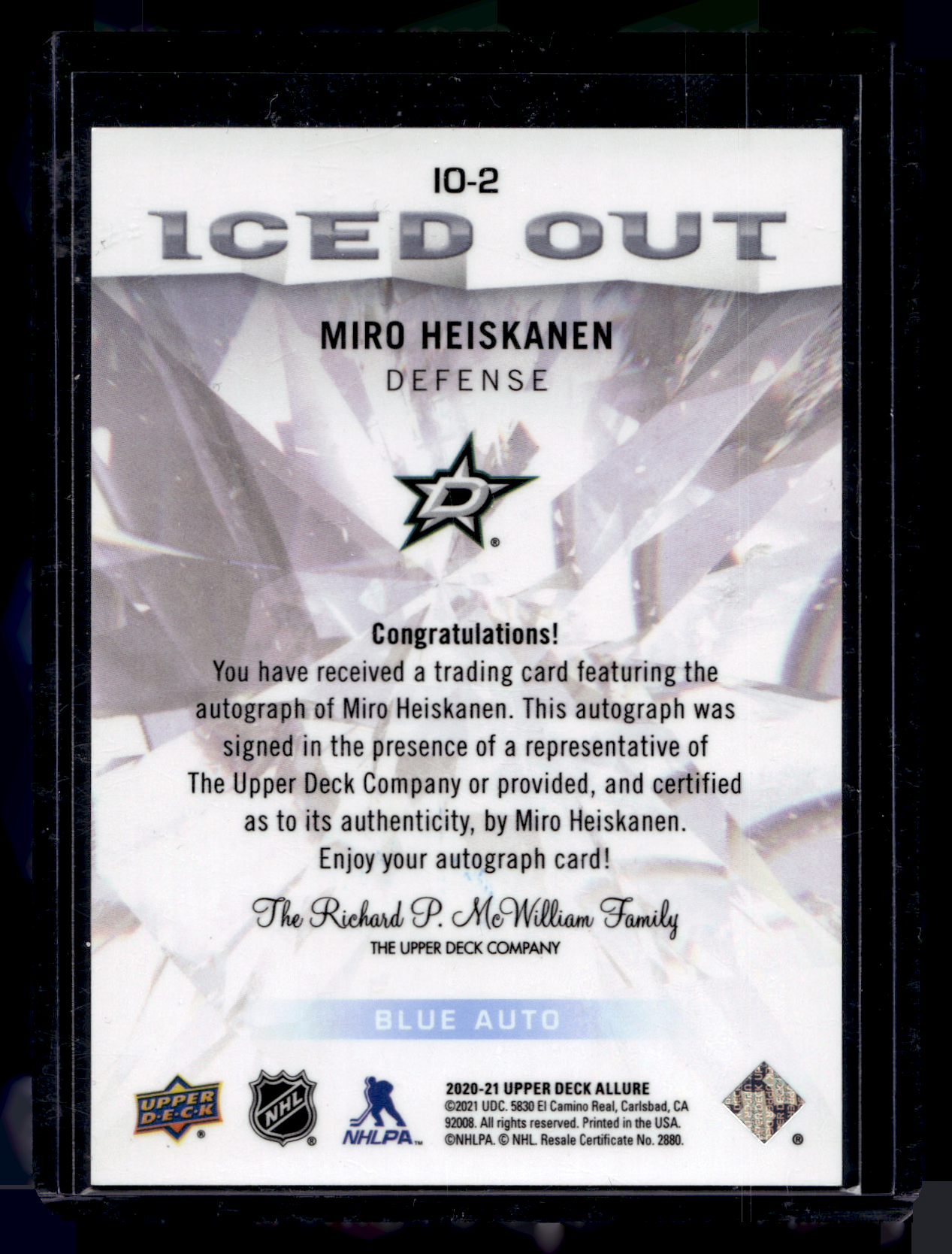 2020-21 Upper Deck Allure - Iced Out - Blue Autographs - Miro Heiskanen #IO-2