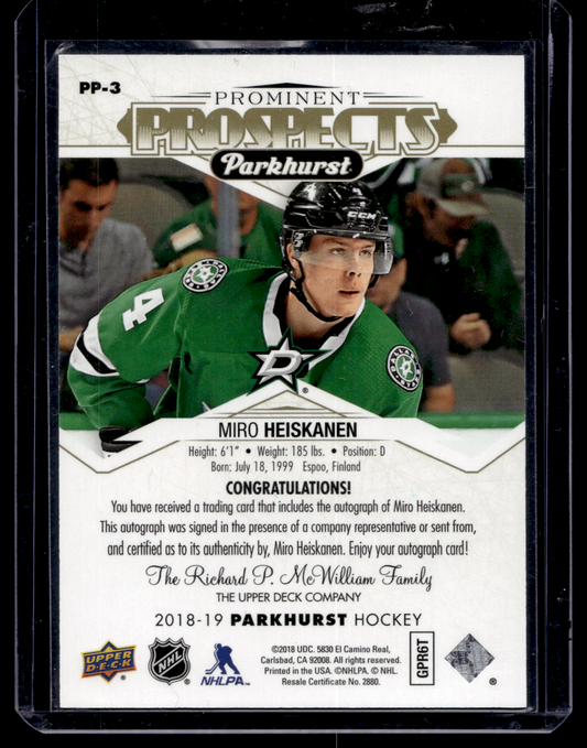 2018-19 Upper Deck Parkhurst - Prominent Prospects - Gold Autographs - Miro Heiskanen #PP-3 RY