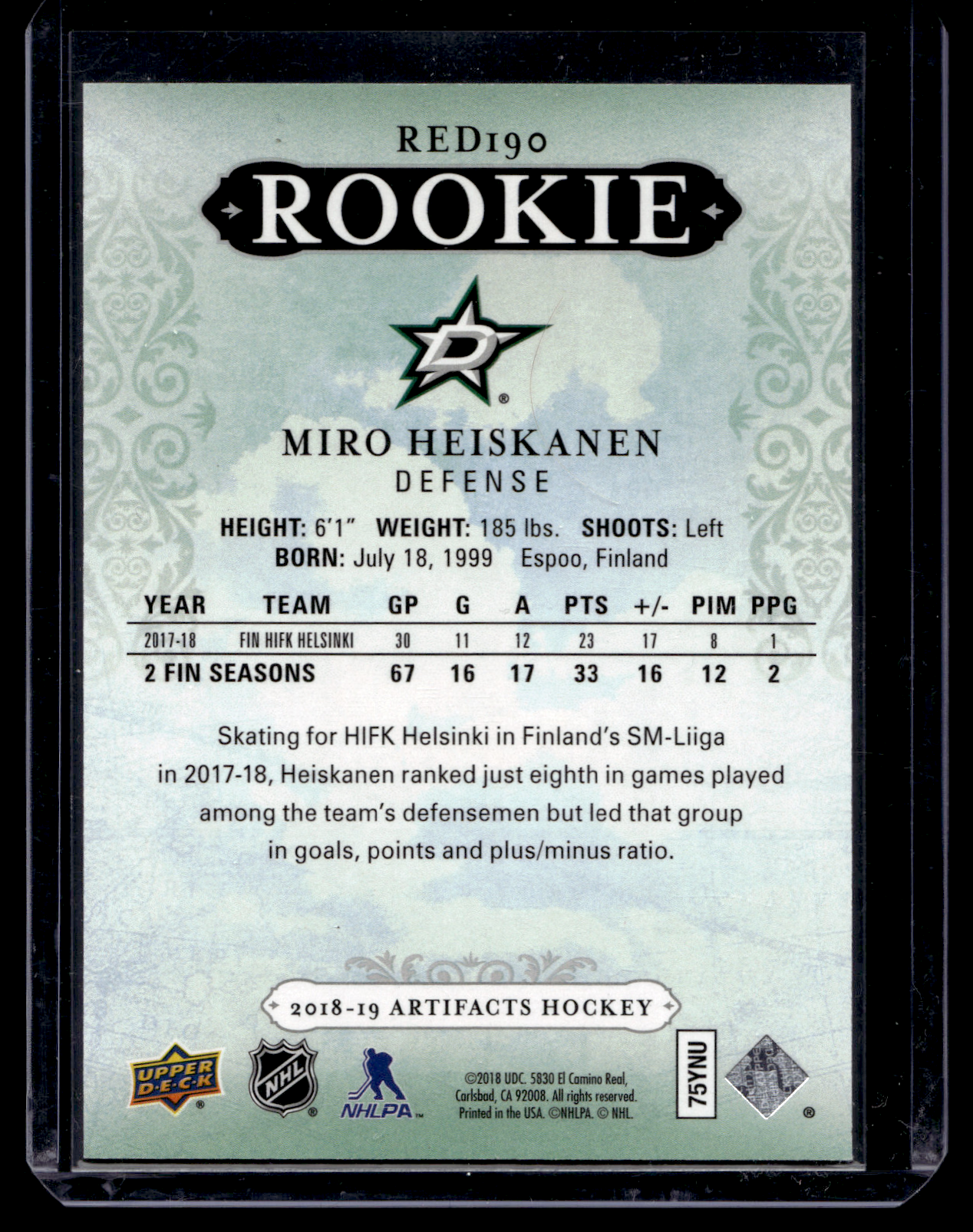2018-19 Upper Deck Artifacts - Rookie Redemptions - Miro Heiskanen #RED190 /799 RY