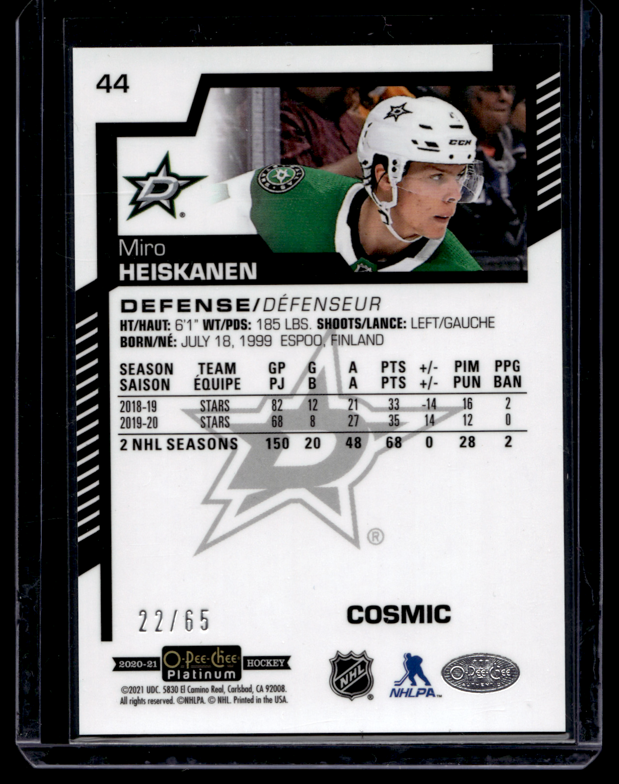 2020-21 Upper Deck OPC Platinum - Cosmic - Miro Heiskanen #44 /65