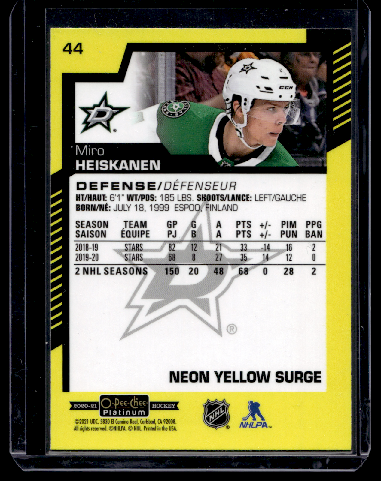 2020-21 Upper Deck OPC Platinum - Neon Yellow Surge - Miro Heiskanen #44