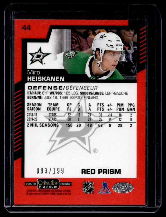 2020-21 Upper Deck OPC Platinum - Red Prism - Miro Heiskanen #44 /199