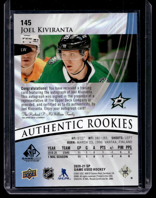 2020-21 Upper Deck SP Game Used - Blue Autographs - Authentic Rookies - Joel Kiviranta #145 RC