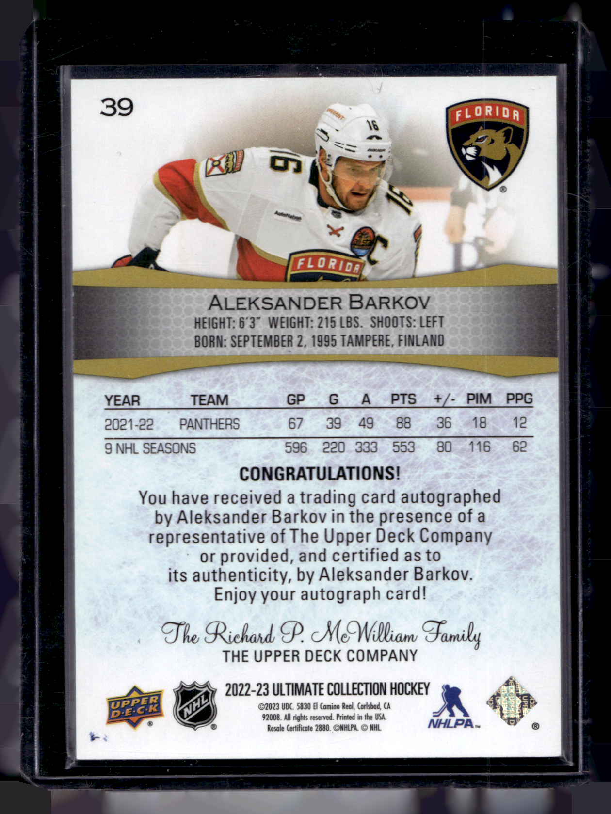 2022-23 Upper Deck Ultimate Collection - Purple Autographs - Aleksander Barkov #39 /5