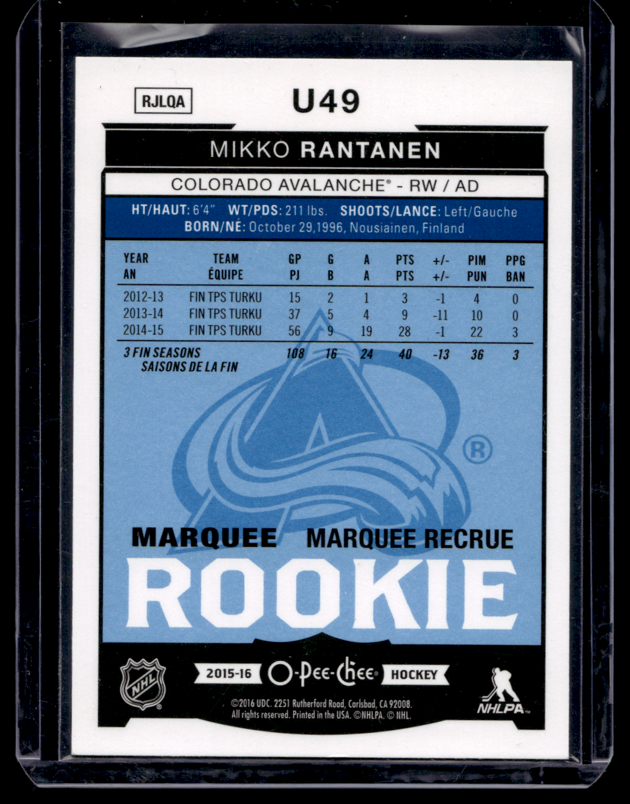 2015-16 Upper Deck - O-Pee-Chee Update - Rainbow Foil - Mikko Rantanen #U49 RY