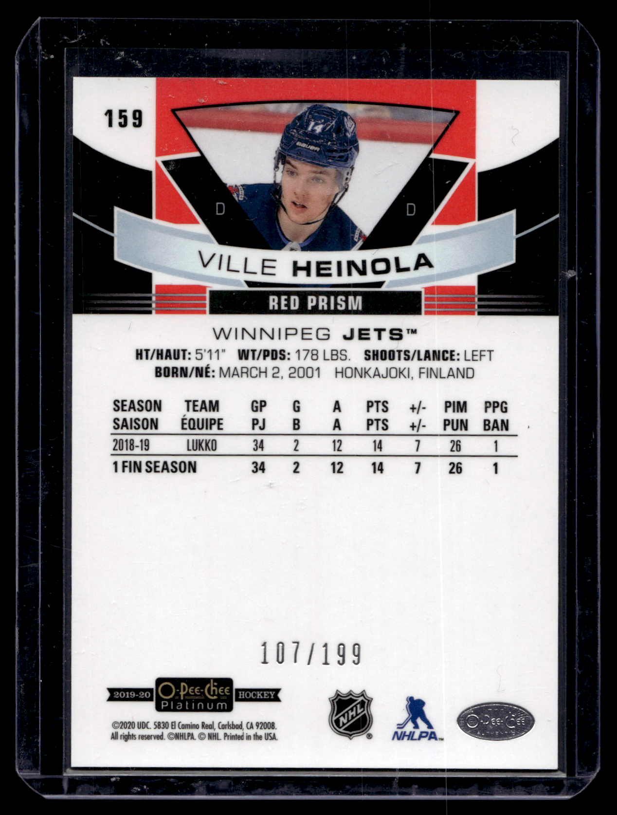 2019-20 Upper Deck OPC Platinum - Red Prism - Marquee Rookies - Ville Heinola #159 /199 RC