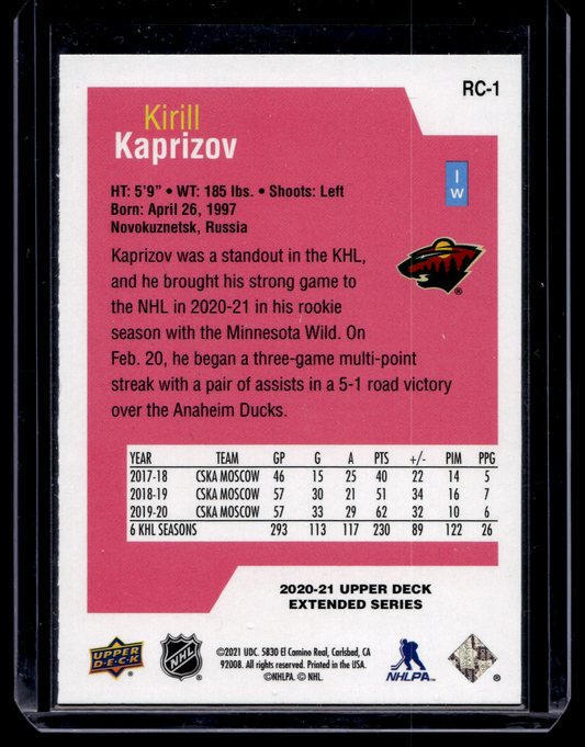 2020-21 Upper Deck Extended Series - Rookie Class SE - Kirill Kaprizov #RC-1 RY