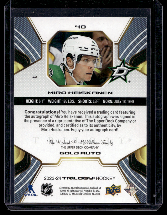 2023-24 Upper Deck Trilogy - Gold Autographs - Miro Heiskanen #40