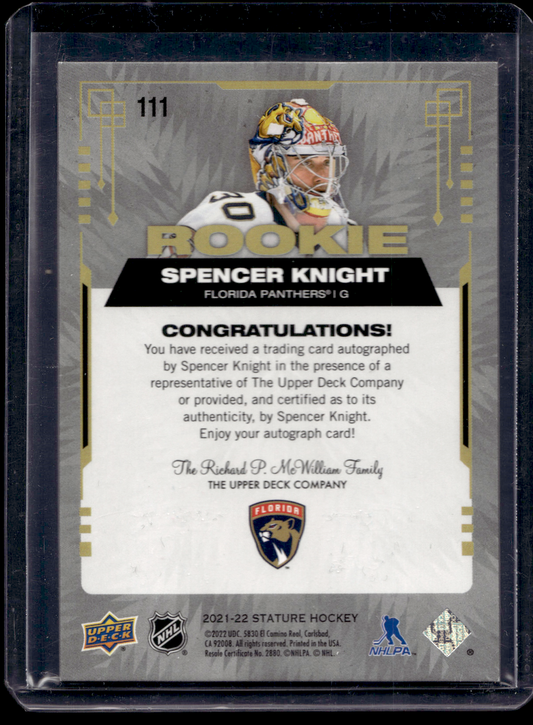 2021-22 Upper Deck Stature - Green Autographs - Rookies - Spencer Knight - 2022-23 Upper Deck Stature Update - #111 /50 RC