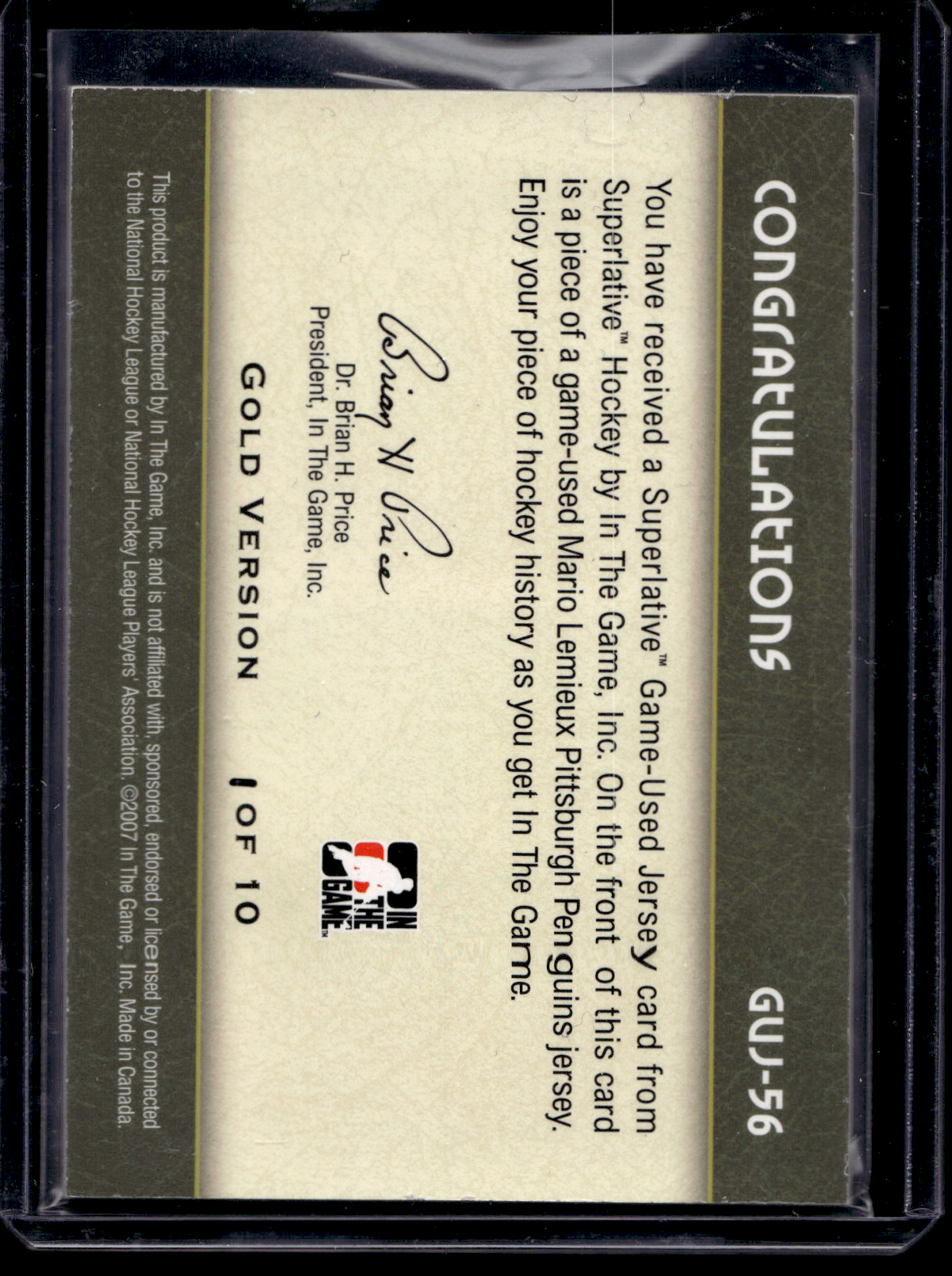 2007-08 In the Game Superlative - Game-Used Jersey - Gold - Mario Lemieux #GUJ-56 /10