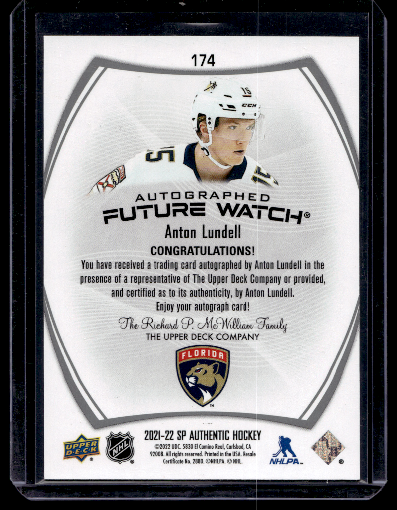2021-22 Upper Deck SP Authentic - Autographed Future Watch - Anton Lundell #174 /999 RC
