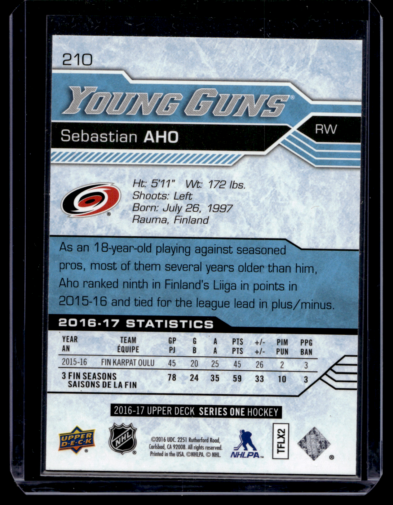 2016-17 Upper Deck - Young Guns - Sebastian Aho #210 RC