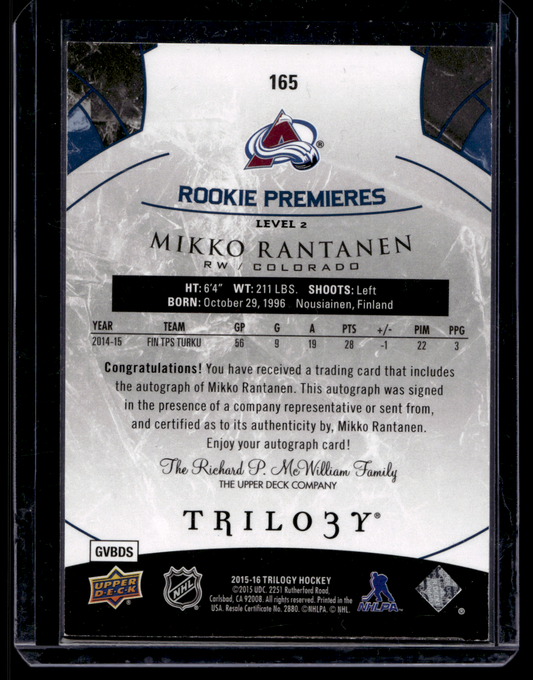 2015-16 Upper Deck Trilogy - Blue Rainbow Foil - Level 2 - Rookie Premieres Autograph - Mikko Rantanen #165 /199 RY