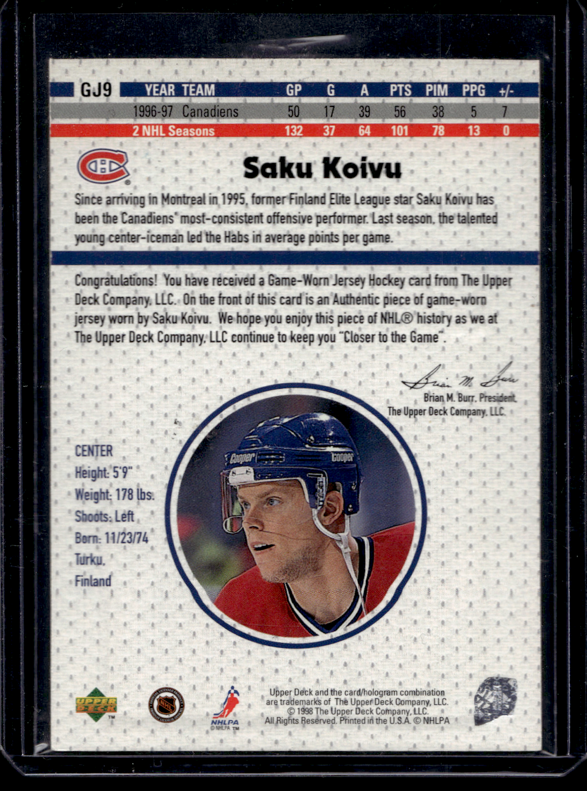 1997-98 Upper Deck - Game Jersey - Saku Koivu #GJ9