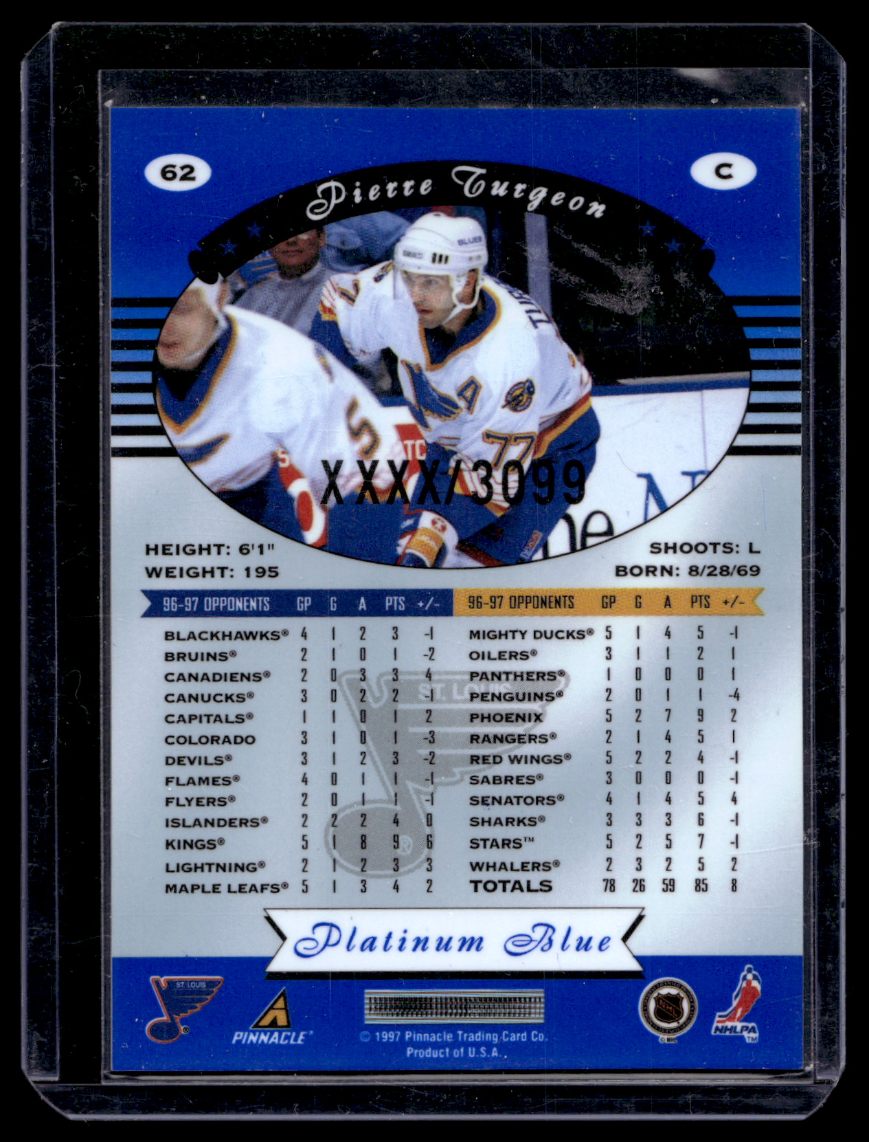 1997-98 Pinnacle Totally Certified - Executive Master Set - Platinum Blue - Pierre Turgeon #62 XXXX/3099