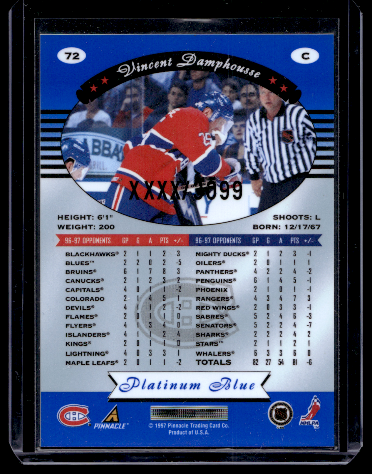 1997-98 Pinnacle Totally Certified - Executive Master Set - Platinum Blue - Vincent Damphousse #72 XXXX/3099