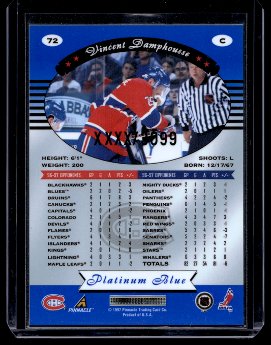 1997-98 Pinnacle Totally Certified - Executive Master Set - Platinum Blue - Vincent Damphousse #72 XXXX/3099
