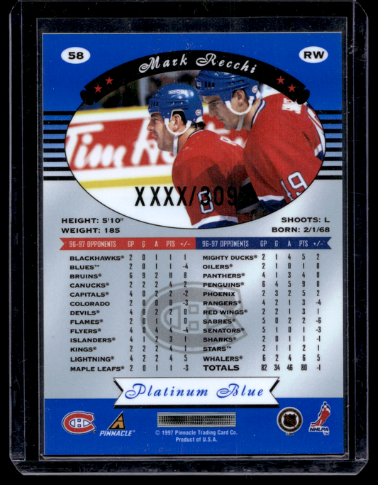 1997-98 Pinnacle Totally Certified - Executive Master Set - Platinum Blue - Mark Recchi #58 XXXX/3099