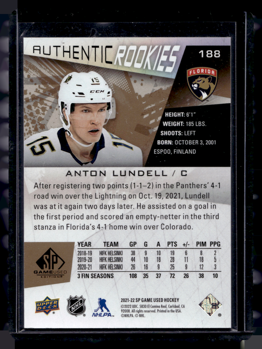 2021-22 Upper Deck SP Game Used - Gold Fragment - Authentic Rookies - Anton Lundell #188 /25 RC