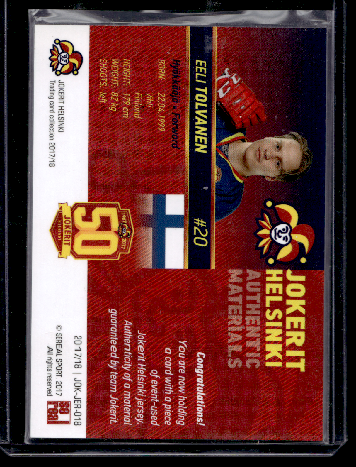 2017-18 Sereal Jokerit Authentic Materials -Eeli Tolvanen #JOK-JER-018 /50