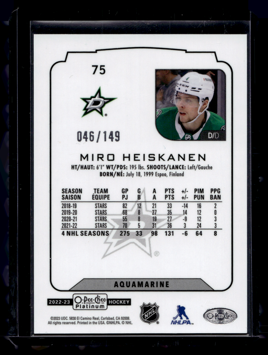 2022-23 Upper Deck OPC Platinum - Aquamarine - Miro Heiskanen #75 /149