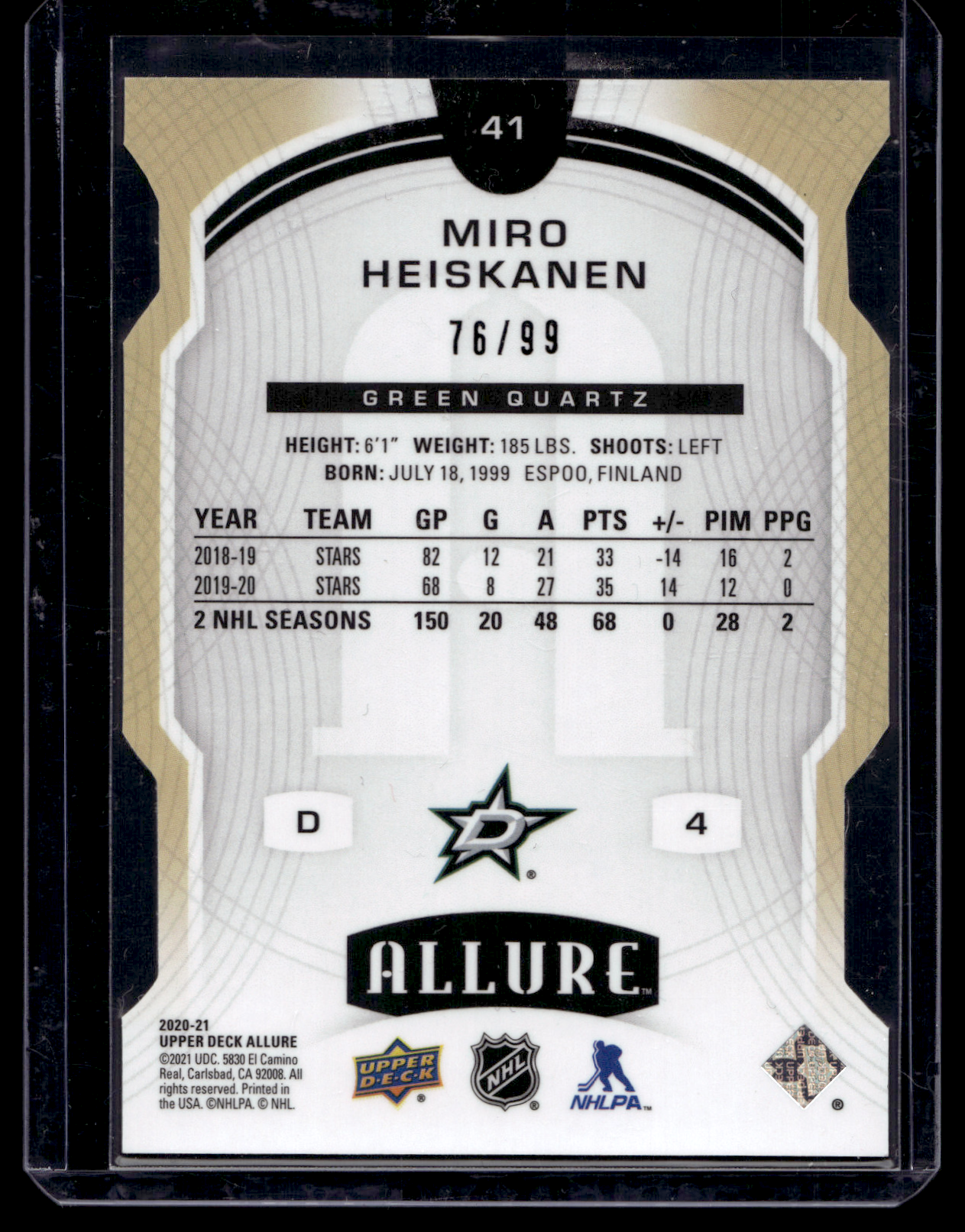 2020-21 Upper Deck Allure - Green Quartz - Miro Heiskanen #41 /99
