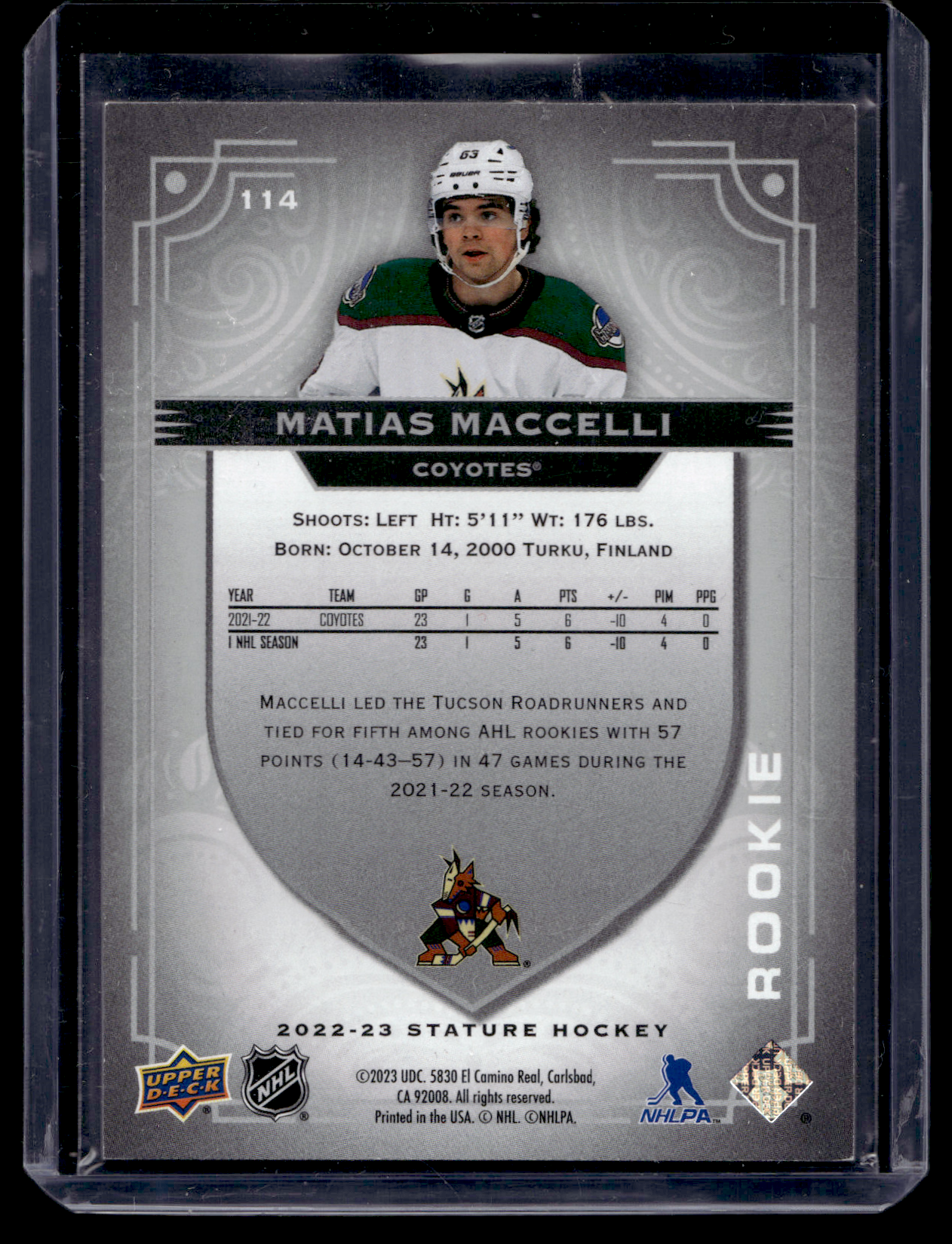 2022-23 Upper Deck Stature - Photo Variant - Rookies - Matias Maccelli #114 /99 RC