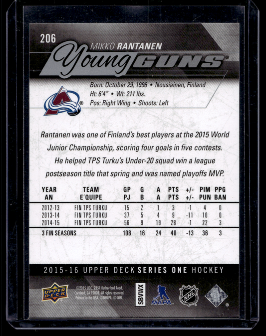 2015-16 Upper Deck Young Guns - Mikko Rantanen #206 RC