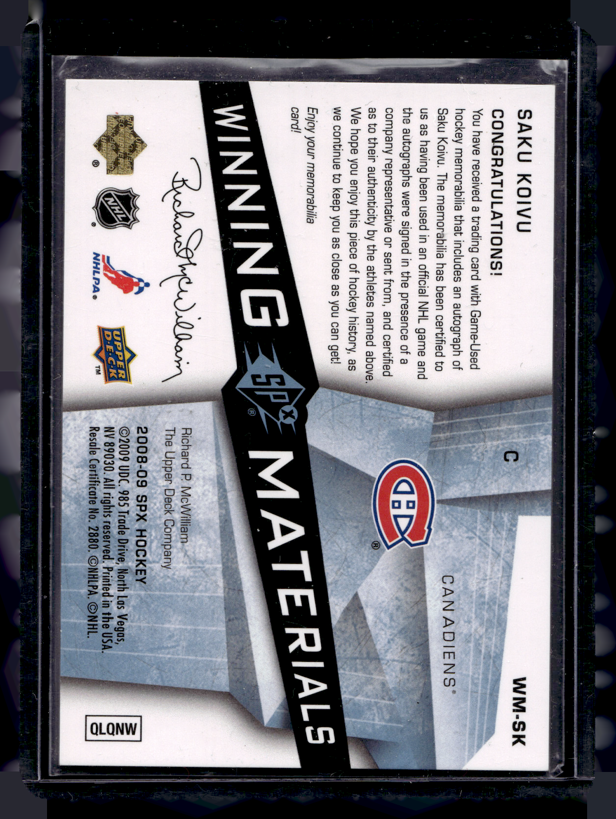 2008-09 Upper Deck SPx - Winning Materials - Radiance Autographs - Saku Koivu #WM-SK /25