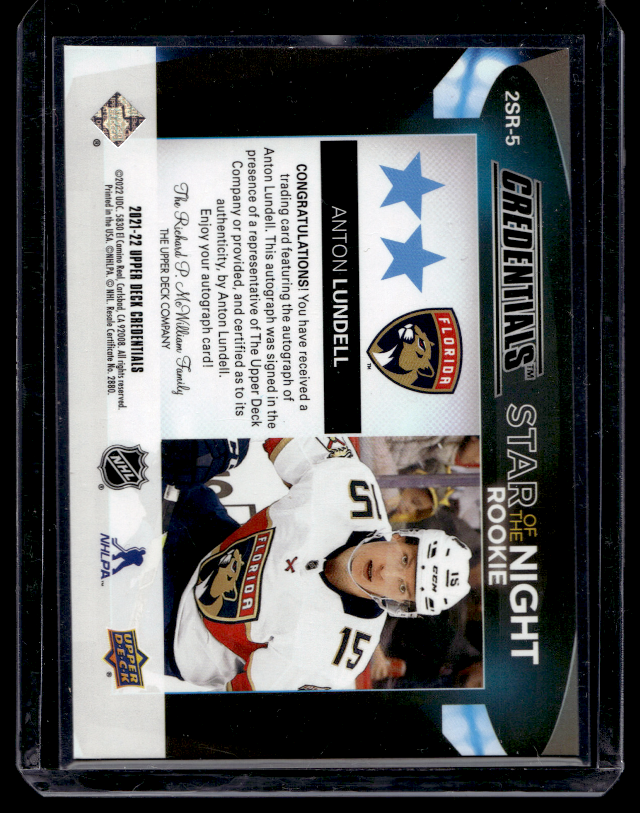 2021-22 Upper Deck Credentials - 2nd Star of the Night Rookies - Autographs - Anton Lundell #2SR-5 /49 RY