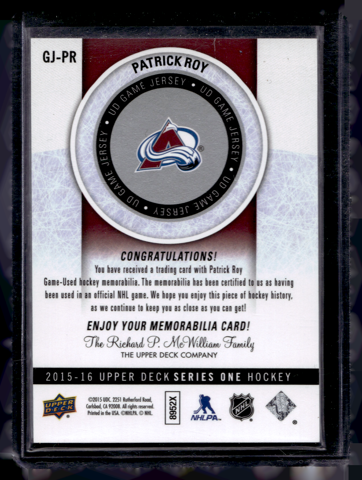 2015-16 Upper Deck - UD Game Jersey Series 1 - Patrick Roy #GJ-PR
