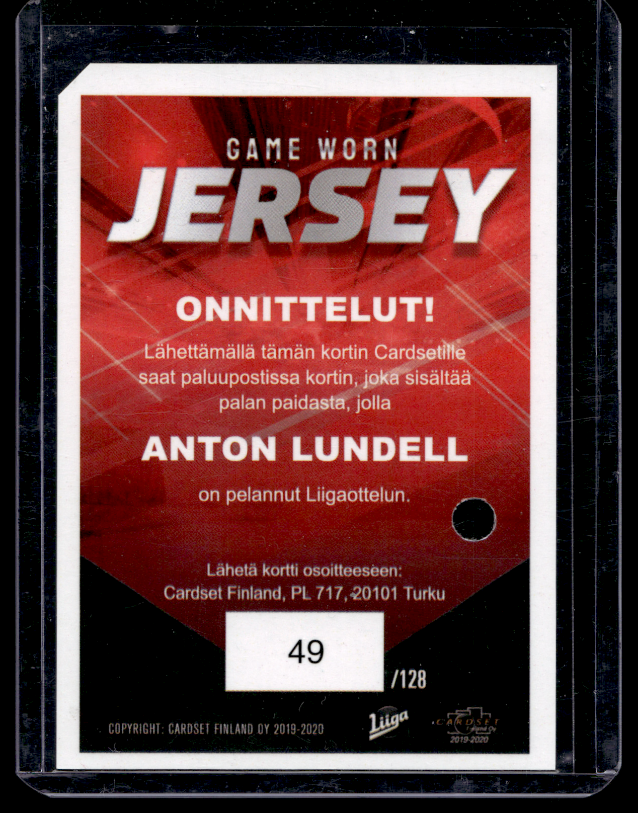 2019-20 Cardset - Game Worn Jersey - Anton Lundell /128