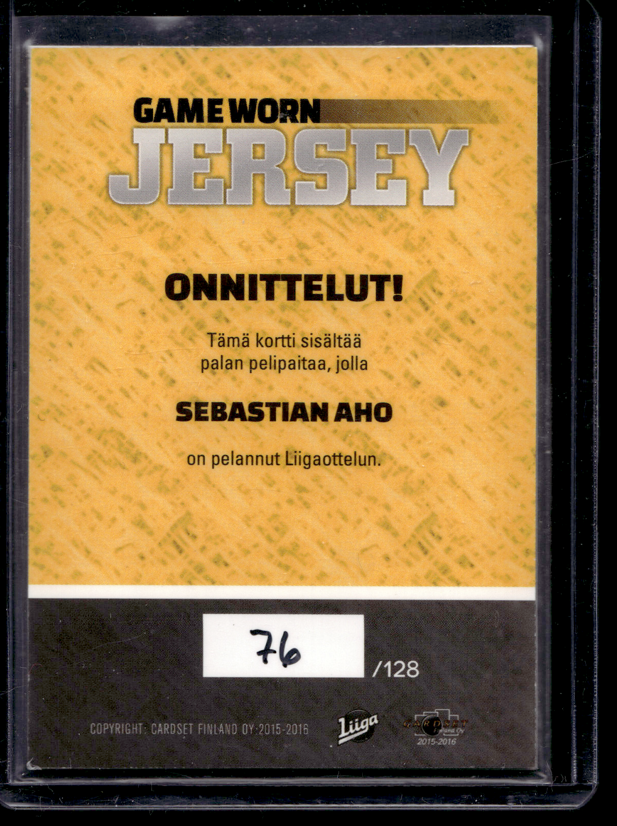 2015-16 Cardset - Game Worn Jersey - Sebastian Aho /128