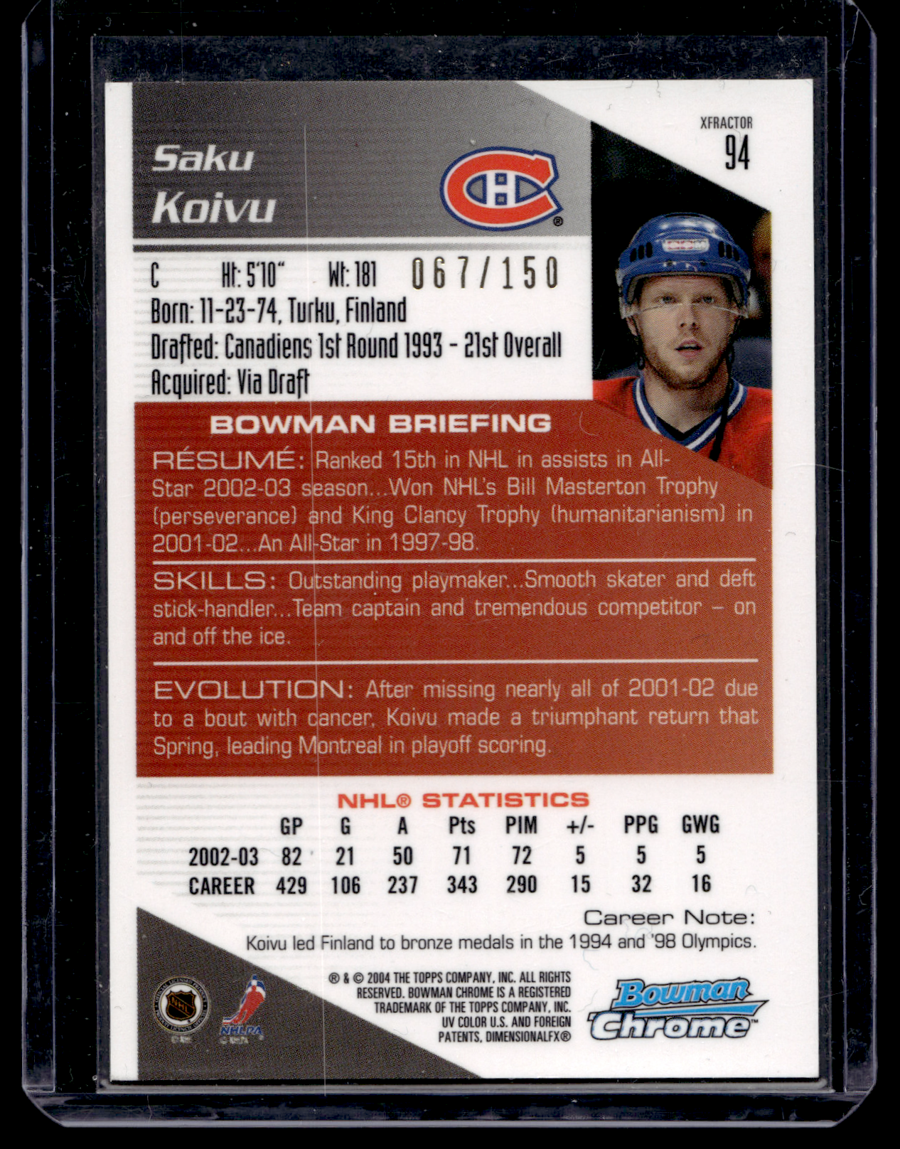 2003-04 Bowman Chrome Draft Picks & Prospects - X-Fractor - Saku Koivu #94 /150
