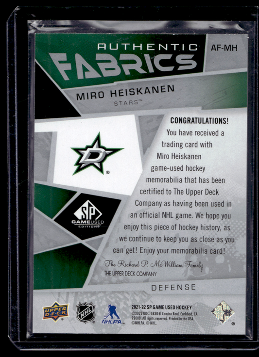 2021-22 Upper Deck SP Game Used - Authentic Fabrics - Miro Heiskanen #AF-MH