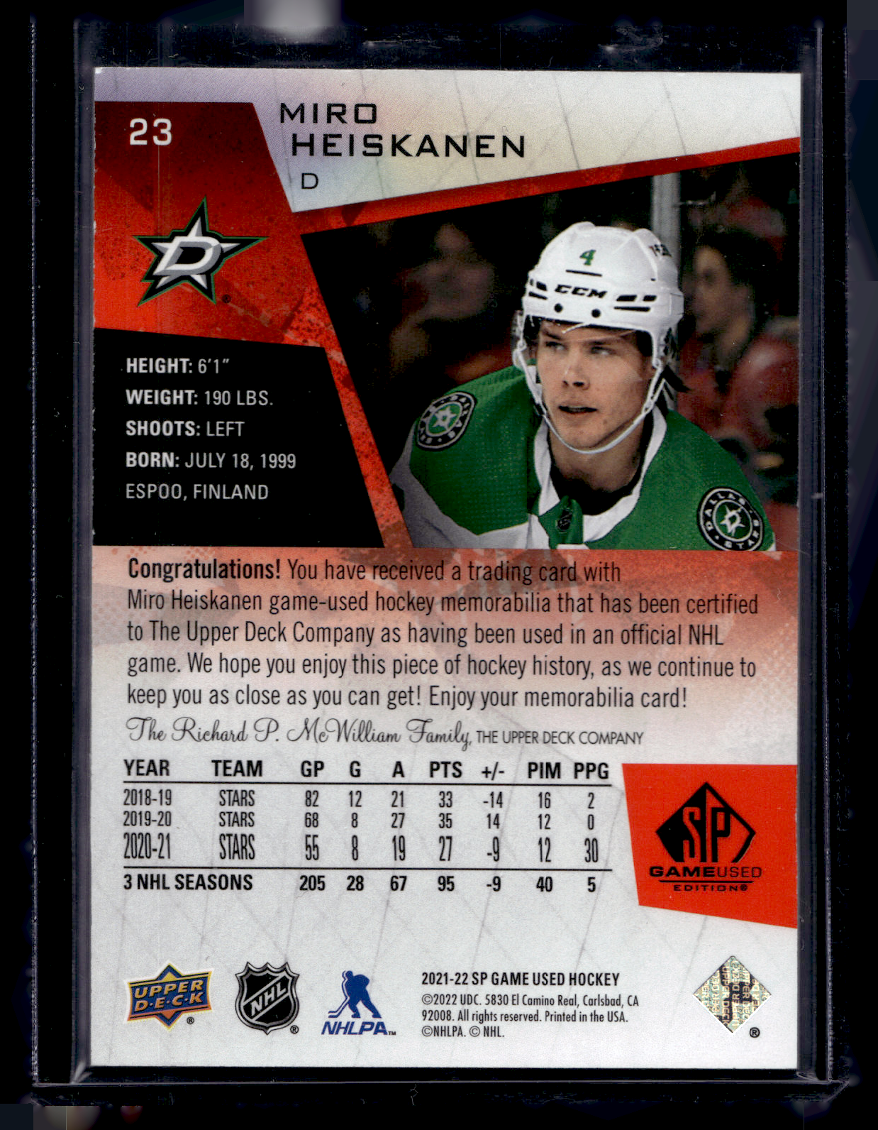 2021-22 Upper Deck SP Game Used - Red Jerseys - Miro Heiskanen #23
