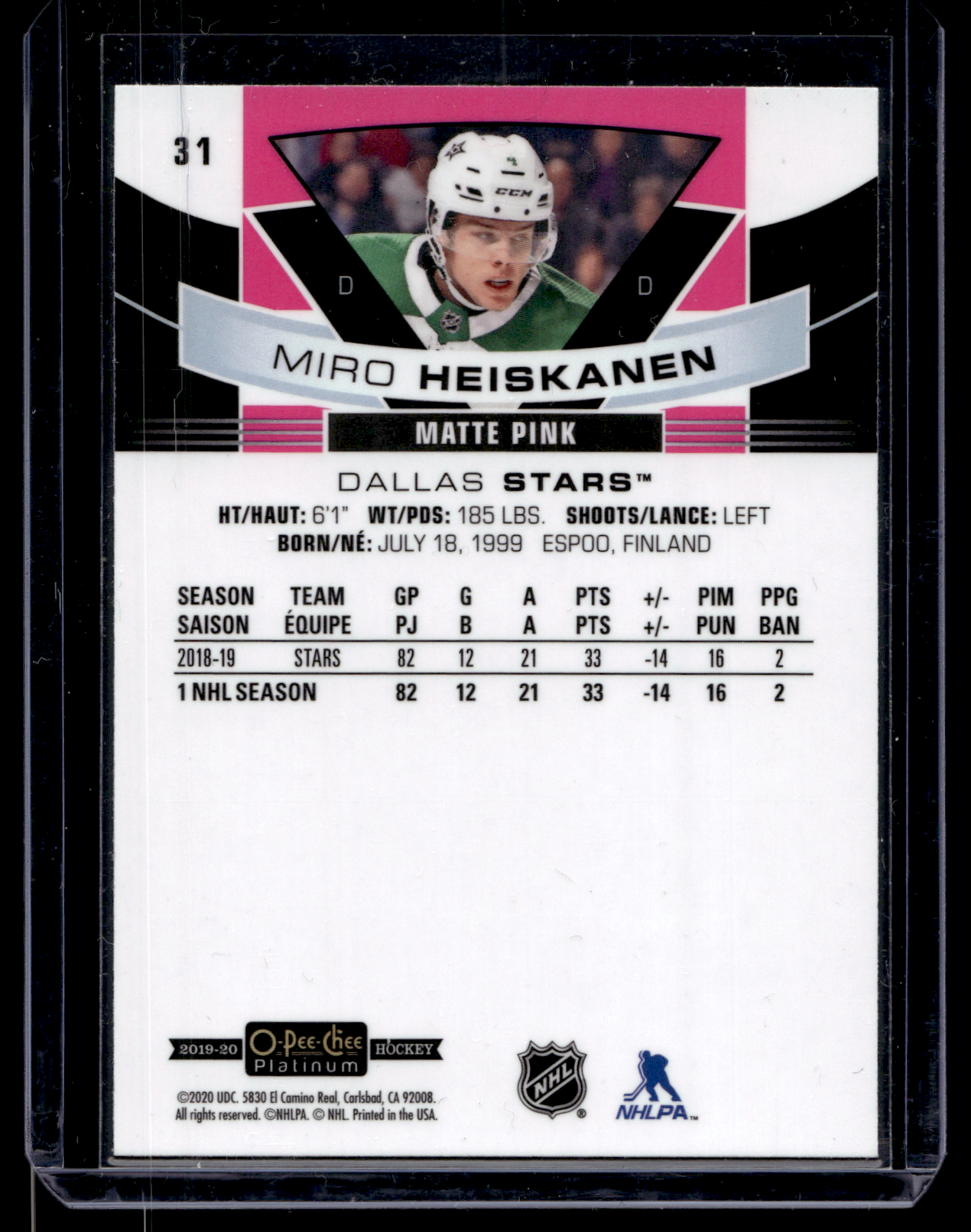 2019-20 Upper Deck OPC Platinum - Matte Pink - Miro Heiskanen #31
