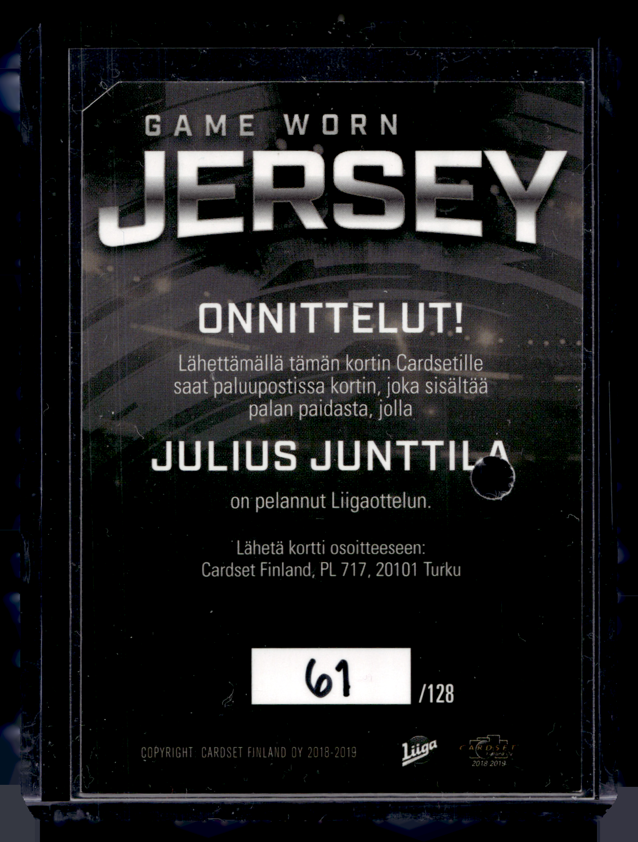 2019-20 Cardset - Game Worn Jersey - Julius Junttila /128